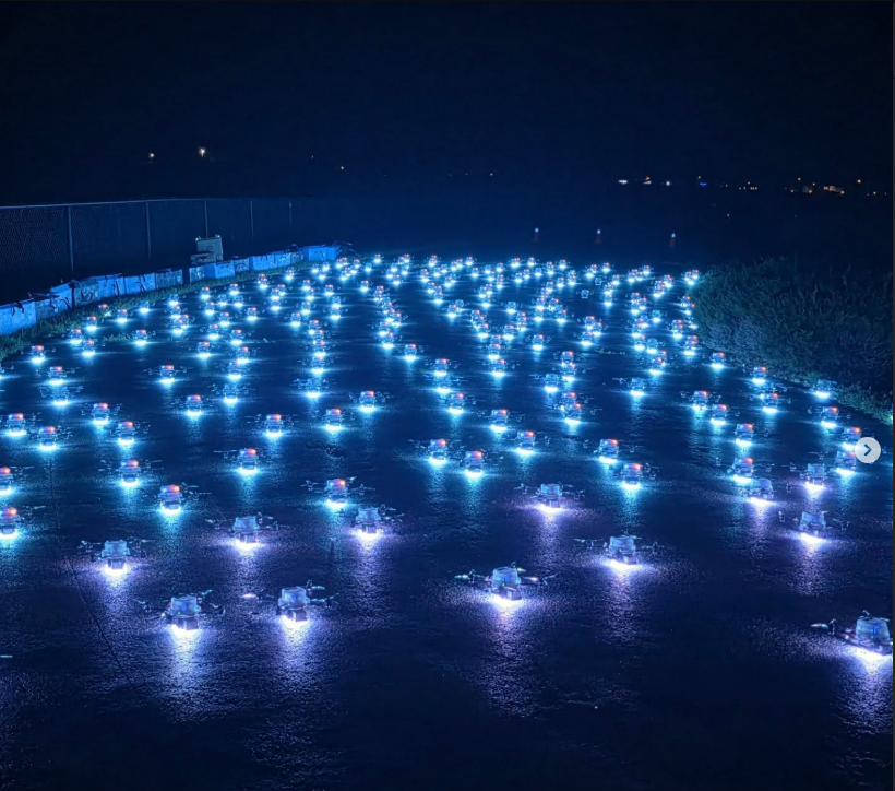 Drone fleet arranged on the ground before a light show