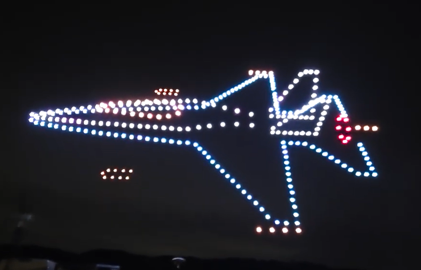 Jet aircraft drone light show formation