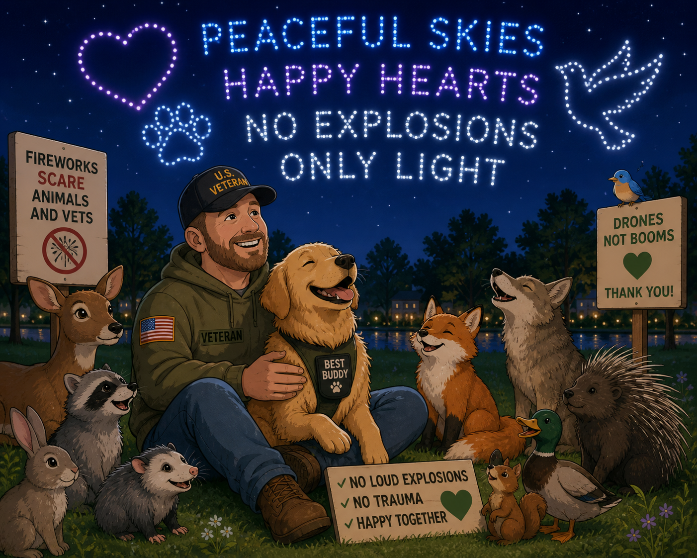 Peaceful skies happy hearts no explosions only light drone show concept with people, pets, and wildlife